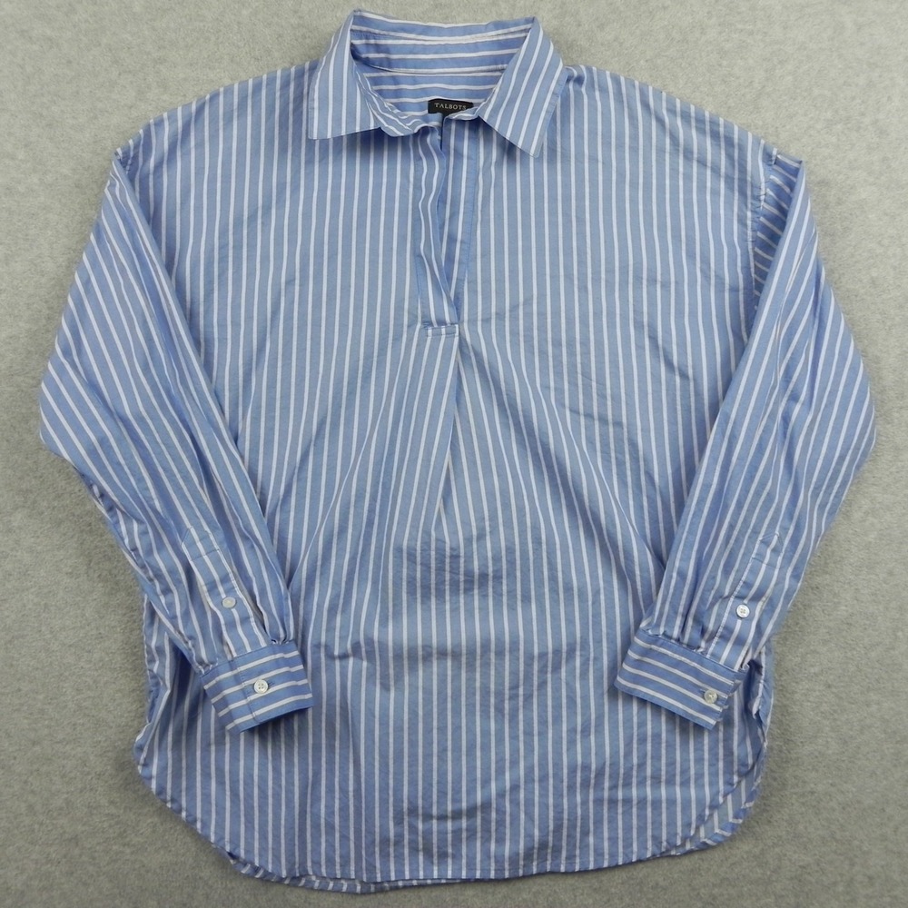 Talbots Shirt Top Womens XS Collared Popover Cotton Blue Striped‎ Long Sleeve